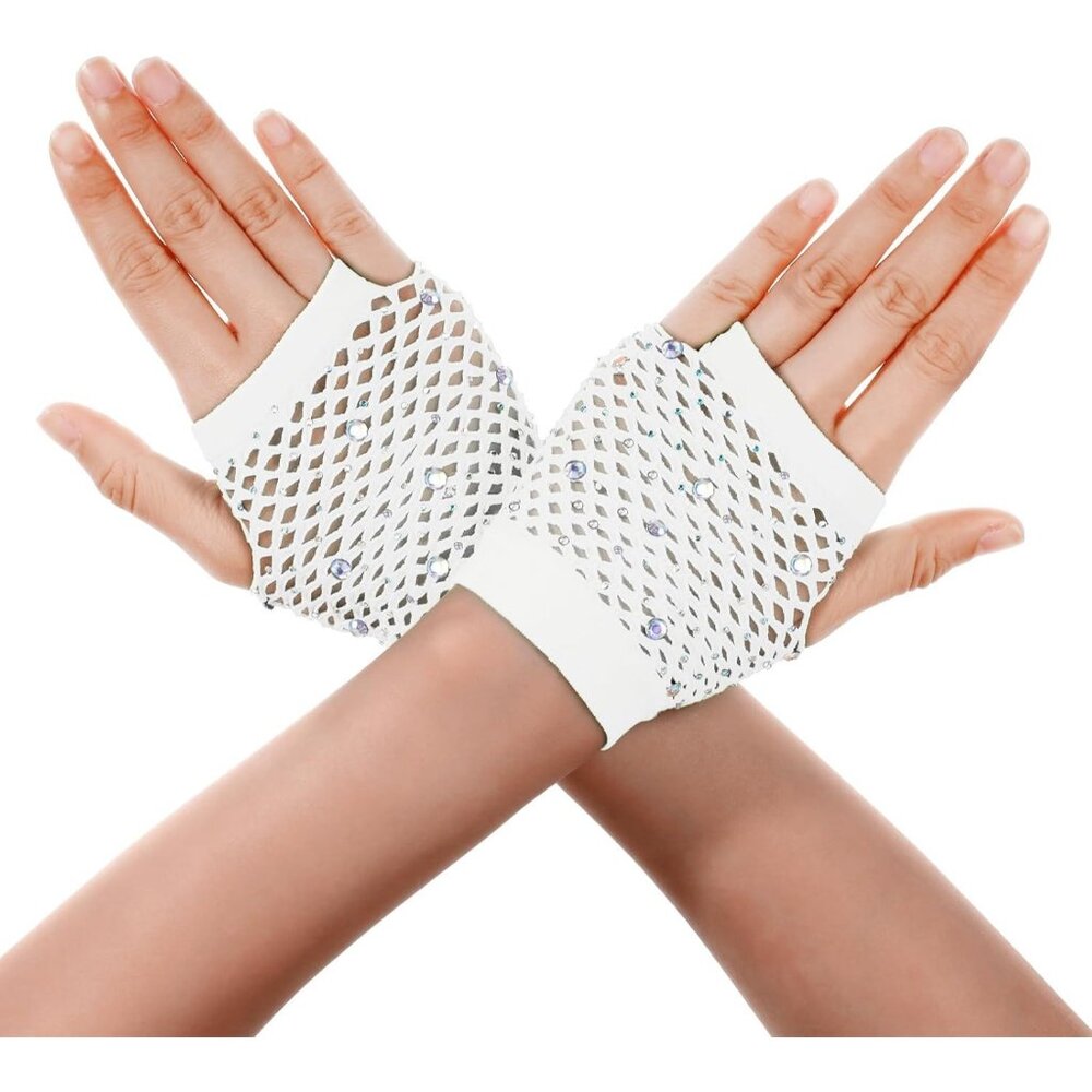 Women's White Rhinestone Fishnet Short Mesh Gloves Halloween Party Costumes